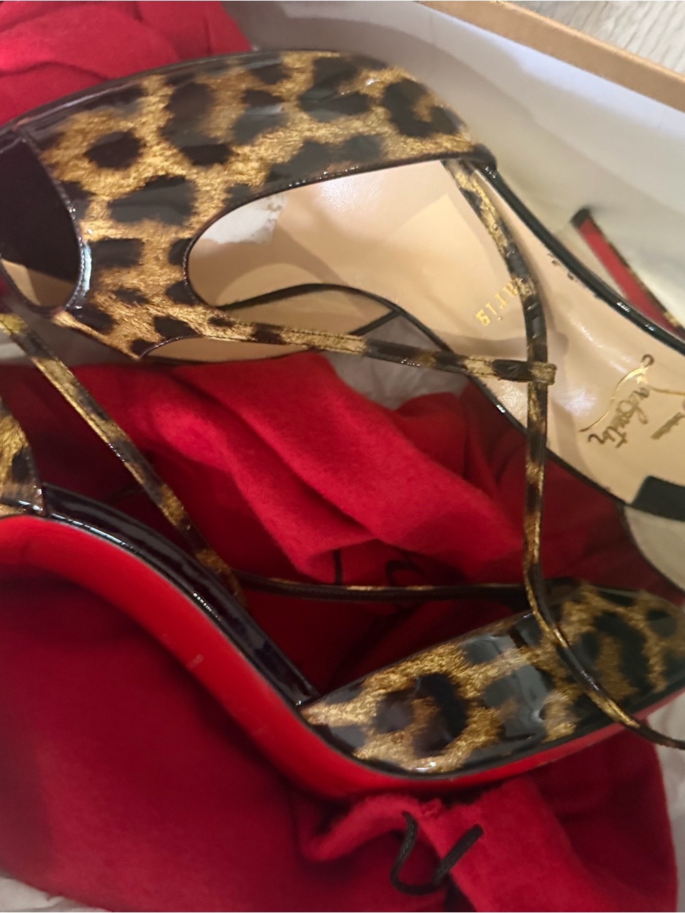 Christian Louboutin Leopard-Print Strappy Heels with Red Sole